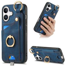 Per iPhone 16 Plus Custodia per telefono con anello e passante per appendere, effetto pelle retrò (blu)
