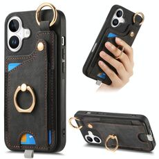 Per iPhone 16 Plus Custodia per telefono con anello e passante per appendere, effetto pelle retrò (nero)