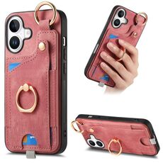 Per iPhone 16 Plus Custodia per telefono con anello e anello per appendere, effetto pelle retrò (rosa)