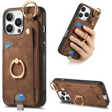 Per iPhone 16 Pro Custodia per telefono con anello in pelle retrò con passante per appendere (marrone)