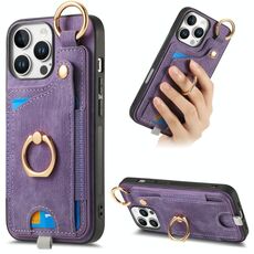 Per iPhone 16 Pro Custodia per telefono con anello e anello per appendere, effetto pelle retrò (viola)