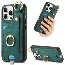 Per iPhone 16 Pro Custodia per telefono con anello in pelle retrò con passante per appendere (verde)