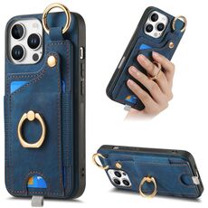 Per iPhone 16 Pro Custodia per telefono con anello in pelle retrò con passante per appendere (blu)