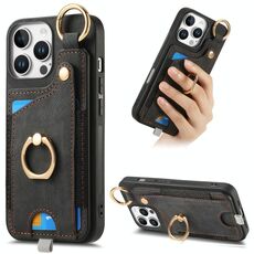 Per iPhone 16 Pro Custodia per telefono con anello e passante per appendere, in stile retrò, con pelle (nero)