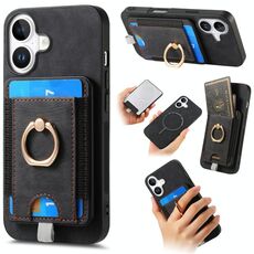 Per iPhone 16 Plus Retro Custodia per telefono in pelle con porta carte magnetico divisibile (nero)