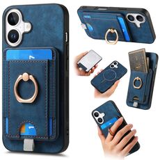 Per iPhone 16 Plus Retro Custodia per telefono in pelle con porta carte magnetico divisibile (blu)