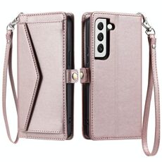 Per Samsung Galaxy S22+ 5G Portafoglio Multi-Slot per Scheda Custodia in Pelle per Telefono con Lanyard (Oro Rosa)