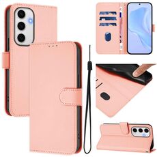 Per Samsung Galaxy S24 FE 5G Custodia in pelle tinta unita con cordino (rosa)