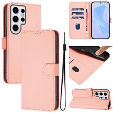 Per Samsung Galaxy S24 Ultra 5G Custodia in pelle tinta unita con cordino (rosa)