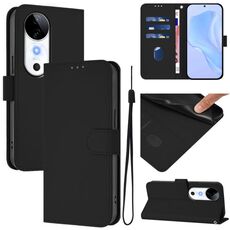 Per vivo S19 Custodia per telefono in pelle tinta unita con cordino (nero)