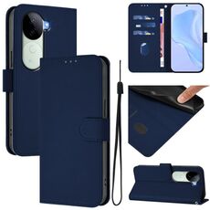 Per vivo V40E 5G India / iQOO Z9s 5G Custodia in pelle tinta unita con cordino (blu navy)