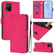 Per vivo Y33S 4G Global / Y21 2021 Custodia in pelle tinta unita effetto pelle con cordino (rosso rosa)