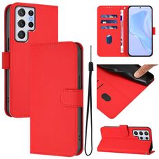 Per Samsung Galaxy S22 Ultra 5G Custodia in pelle tinta unita con cordino (rosso)