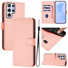 Per Samsung Galaxy S22 Ultra 5G Custodia in pelle tinta unita con cordino (rosa)