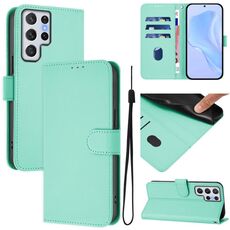 Per Samsung Galaxy S22 Ultra 5G Custodia in pelle tinta unita con cordino (verde menta)