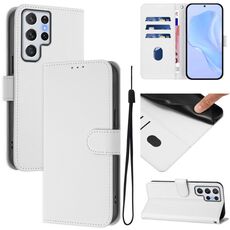 Per Samsung Galaxy S22 Ultra 5G Custodia in pelle tinta unita con cordino (bianco)