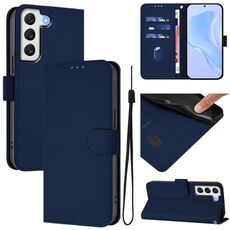 Per Samsung Galaxy S22+ 5G Custodia in pelle tinta unita con cordino (blu navy)