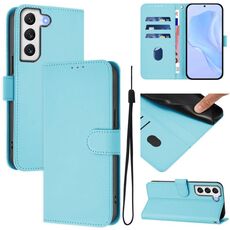 Per Samsung Galaxy S22+ 5G Custodia in pelle tinta unita con cordino (azzurro cielo)