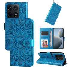 Per Xiaomi 14T Custodia per telefono in pelle con motivo girasole in rilievo (blu)