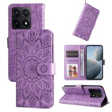 Per Xiaomi 14T Custodia per telefono in pelle con motivo girasole in rilievo (viola)