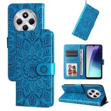 Per Redmi 14C 4G Custodia per telefono in pelle con motivo girasole in rilievo (blu)
