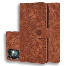Per Samsung Galaxy S24 Ultra 5G Custodia per telefono in pelle di vitello con stampa mandala a doppia piega (marrone)
