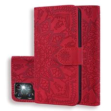 Per Samsung Galaxy S24 Ultra 5G Custodia per telefono in pelle di vitello con stampa mandala a doppia piega (rosso)