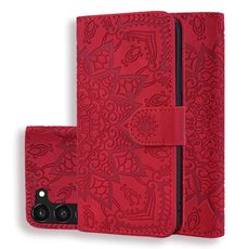 Per Samsung Galaxy S23+ 5G Custodia per telefono in pelle di vitello con stampa mandala a doppia piega (rosso)