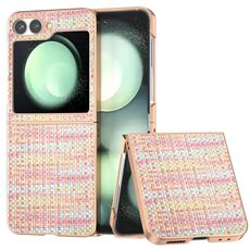 Per Samsung Galaxy Z Flip6 Custodia per telefono in PU con struttura a reticolo colorato e placcata (rosa)