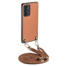 Per Samsung Galaxy S23 5G Custodia per telefono con cover posteriore in pelle con trama in fibra di carbonio e tracolla (marrone)