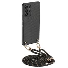 Per Samsung Galaxy S21 Ultra 5G Custodia per telefono con cover posteriore in pelle con trama in fibra di carbonio e tracolla (nero)