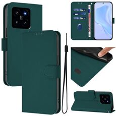 Per Xiaomi 14 Custodia in pelle tinta unita con cordino (verde scuro)