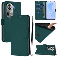 Per OPPO Reno11 Pro 5G Custodia per telefono in pelle tinta unita con cordino (verde scuro)