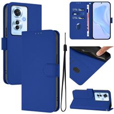 Per OPPO Reno11 F 5G Custodia per telefono in pelle tinta unita con cordino (blu scuro)