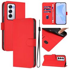 Per OPPO Reno12 5G Custodia per telefono in pelle tinta unita con cordino (rosso)