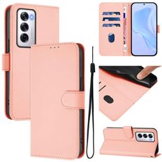 Per OPPO Reno12 5G Custodia per telefono in pelle tinta unita con cordino (rosa)