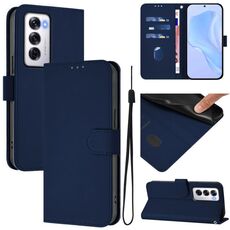 Per OPPO Reno12 5G Custodia per telefono in pelle tinta unita con cordino (blu navy)