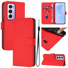 Per OPPO Reno12 Pro 5G Custodia per telefono in pelle tinta unita con cordino (rosso)