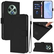 Per OPPO Reno12 F Custodia per telefono in pelle tinta unita con cordino (nero)