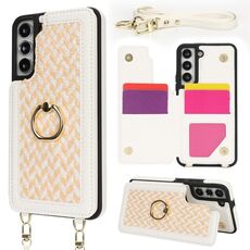 Per Samsung Galaxy S22 5G Custodia per telefono con doppia fessura per carta posteriore e copertura completa con tracolla (bianco)