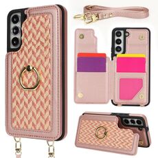 Per Samsung Galaxy S22 5G Custodia per telefono con doppia fessura per carta posteriore e copertura completa con tracolla (oro rosa)