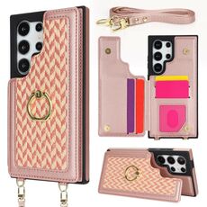 Per Samsung Galaxy S22 Ultra 5G Custodia per telefono con doppia fessura per carta posteriore e copertura completa con tracolla (oro rosa)