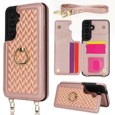Per Samsung Galaxy S24+ 5G Custodia per telefono con doppia fessura per carta posteriore e copertura completa con tracolla (oro rosa)