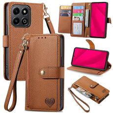 Custodia per telefono in pelle con laccio e cerniera per Honor 200 Smart Love (marrone)