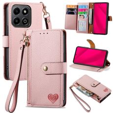 Custodia per telefono in pelle con laccio e cerniera per Honor 200 Smart Love (rosa)