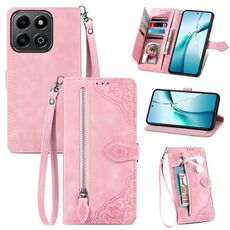 Per Honor 200 Smart Custodia in pelle con cerniera e motivo floreale in rilievo (rosa)