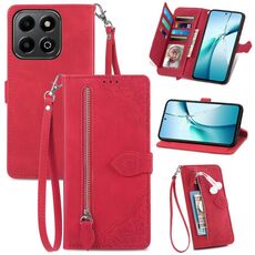 Per Honor 200 Smart Custodia in pelle con cerniera e motivo floreale in rilievo (rosso)