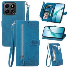 Per Honor 200 Smart Custodia in pelle con cerniera e motivo floreale in rilievo (blu)