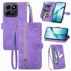 Per Honor 200 Smart Custodia in pelle con cerniera e motivo floreale in rilievo (viola)