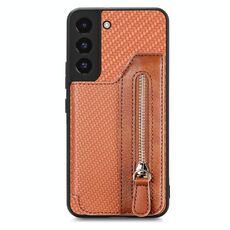 Per Samsung Galaxy S22 5G Custodia a portafoglio con cerniera orizzontale in fibra di carbonio (marrone)